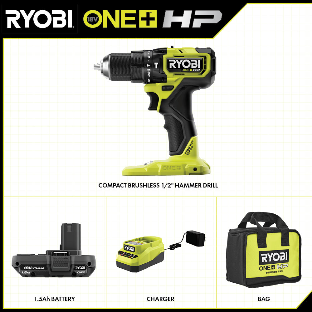 18V ONE+ HP COMPACT BRUSHLESS 1/2" HAMMER DRILL KIT Image 2
